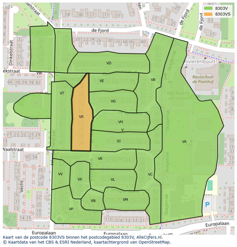 Afbeelding van het postcodegebied 8303 VS op de kaart.