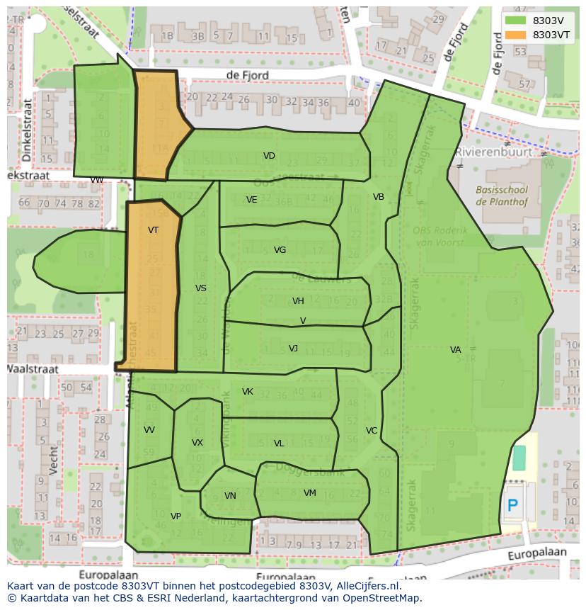 Afbeelding van het postcodegebied 8303 VT op de kaart.