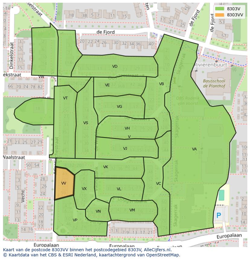 Afbeelding van het postcodegebied 8303 VV op de kaart.