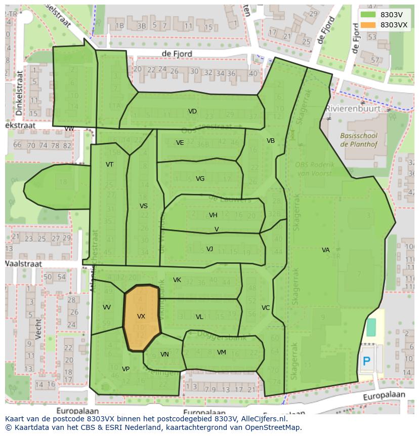 Afbeelding van het postcodegebied 8303 VX op de kaart.