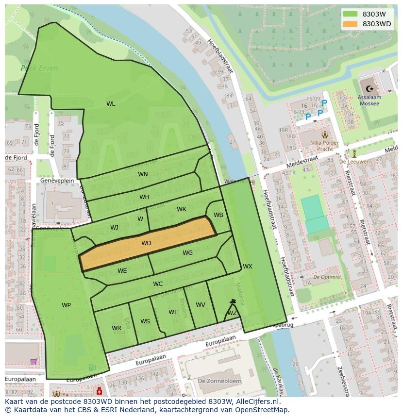 Afbeelding van het postcodegebied 8303 WD op de kaart.