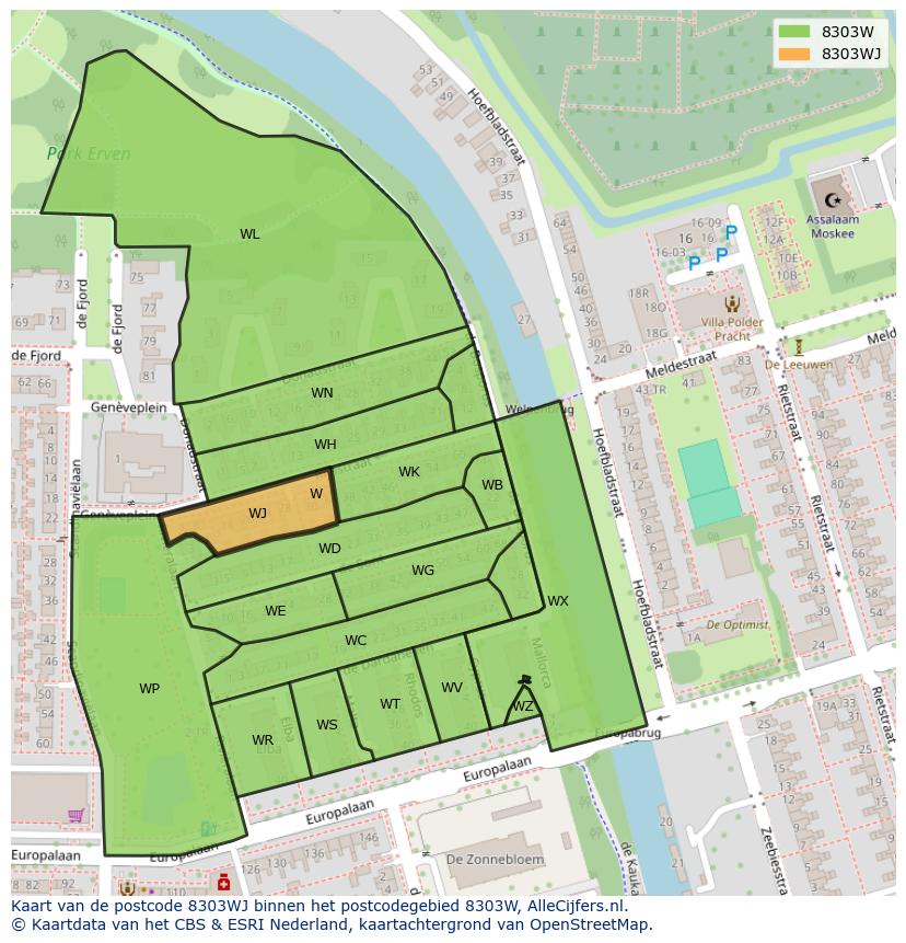 Afbeelding van het postcodegebied 8303 WJ op de kaart.