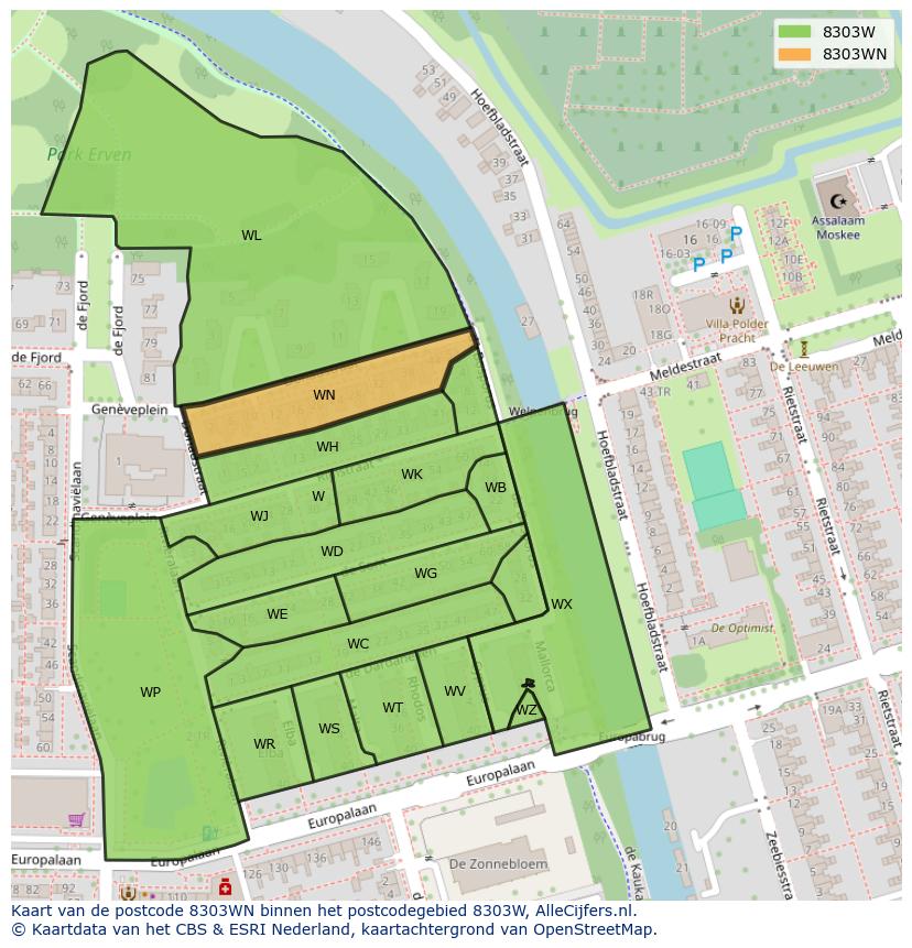Afbeelding van het postcodegebied 8303 WN op de kaart.