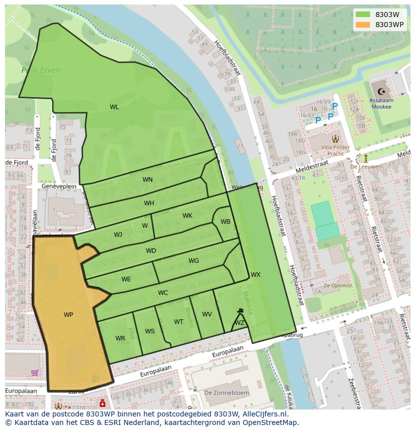 Afbeelding van het postcodegebied 8303 WP op de kaart.