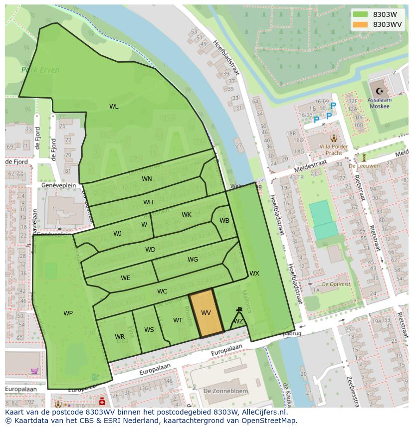 Afbeelding van het postcodegebied 8303 WV op de kaart.