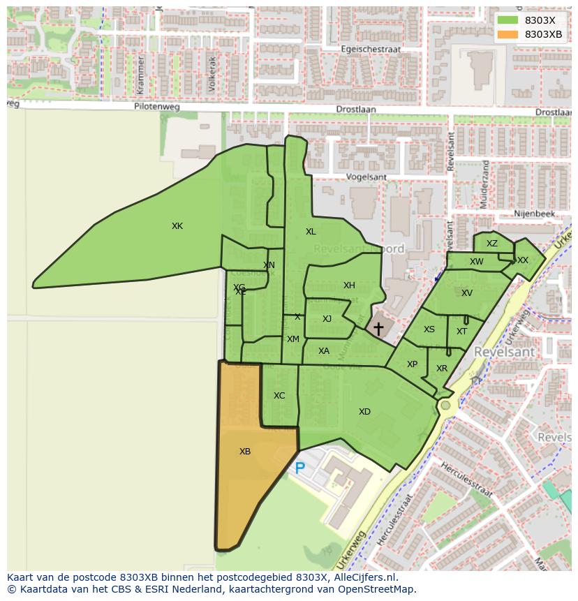 Afbeelding van het postcodegebied 8303 XB op de kaart.