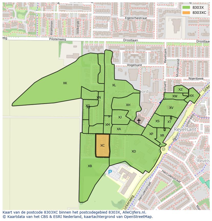 Afbeelding van het postcodegebied 8303 XC op de kaart.