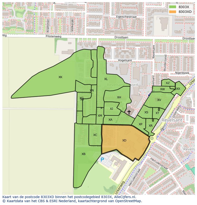 Afbeelding van het postcodegebied 8303 XD op de kaart.