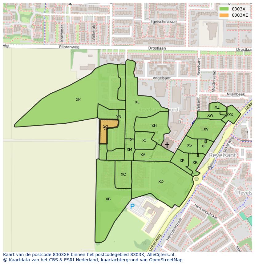 Afbeelding van het postcodegebied 8303 XE op de kaart.