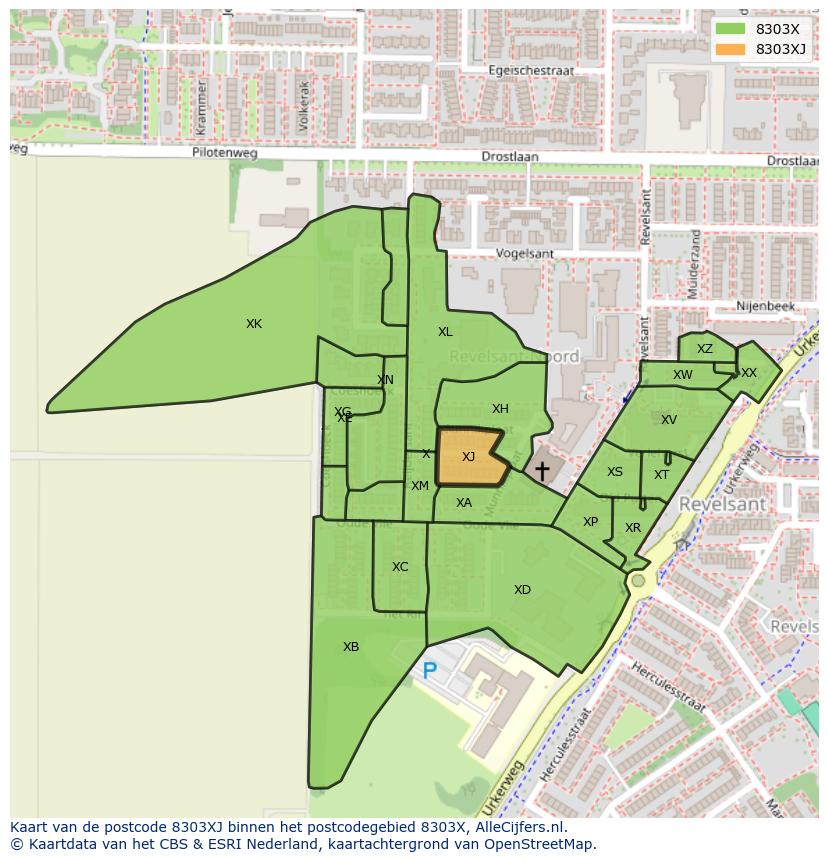 Afbeelding van het postcodegebied 8303 XJ op de kaart.