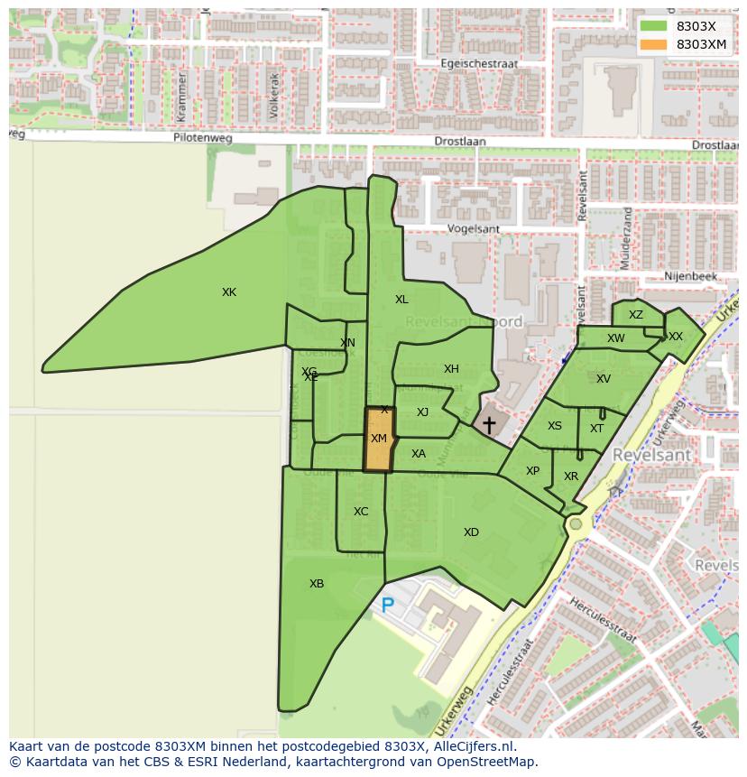 Afbeelding van het postcodegebied 8303 XM op de kaart.