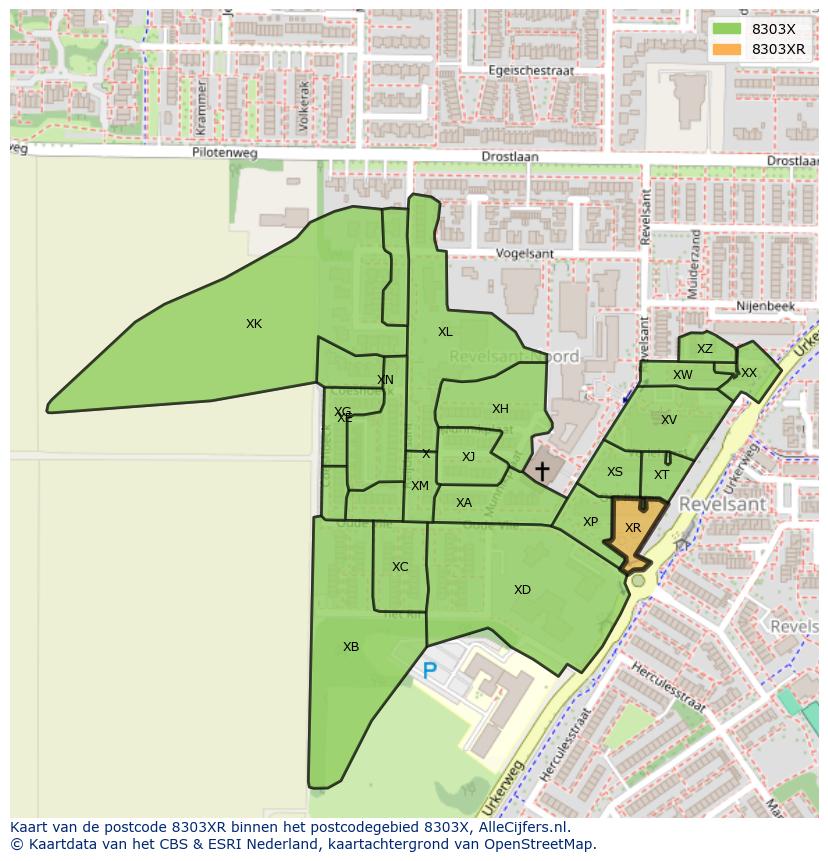 Afbeelding van het postcodegebied 8303 XR op de kaart.
