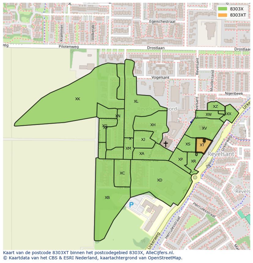 Afbeelding van het postcodegebied 8303 XT op de kaart.