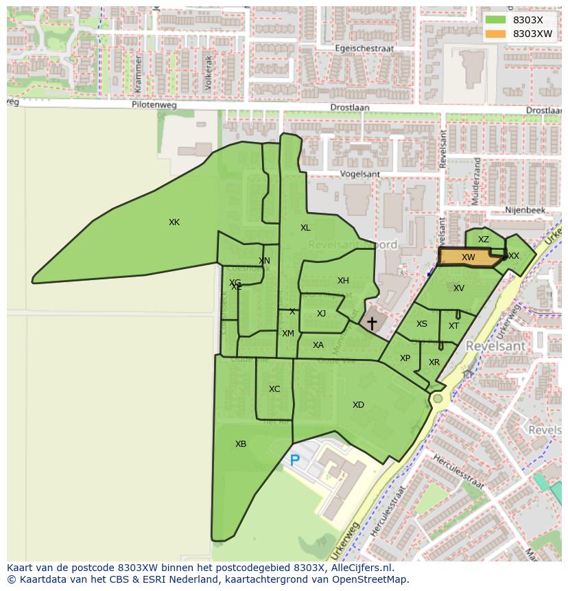 Afbeelding van het postcodegebied 8303 XW op de kaart.