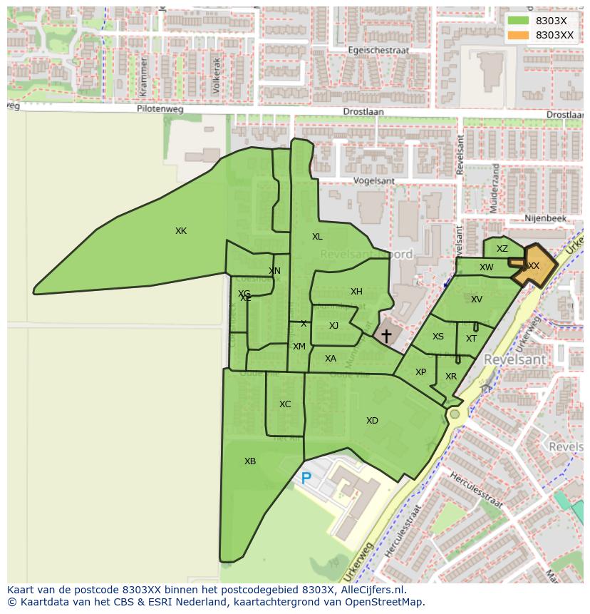 Afbeelding van het postcodegebied 8303 XX op de kaart.