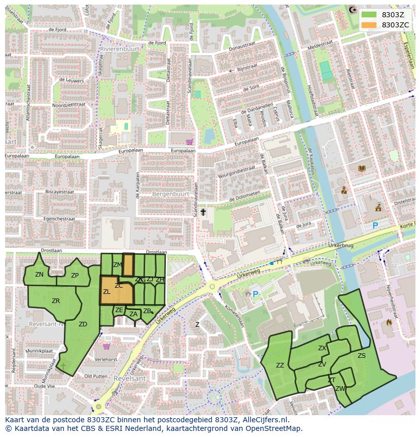 Afbeelding van het postcodegebied 8303 ZC op de kaart.