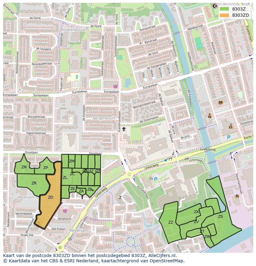 Afbeelding van het postcodegebied 8303 ZD op de kaart.