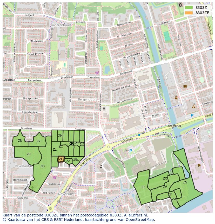 Afbeelding van het postcodegebied 8303 ZE op de kaart.