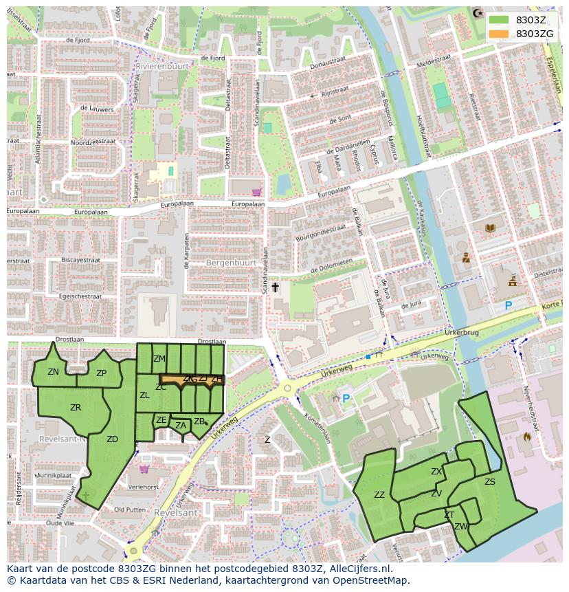Afbeelding van het postcodegebied 8303 ZG op de kaart.