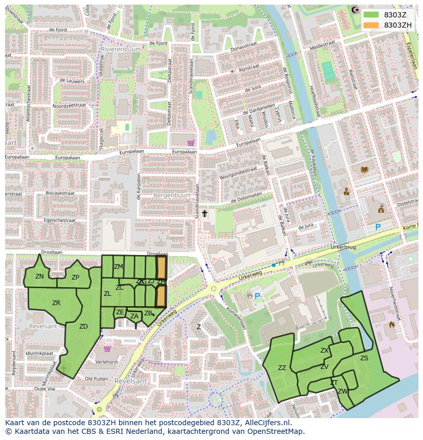 Afbeelding van het postcodegebied 8303 ZH op de kaart.