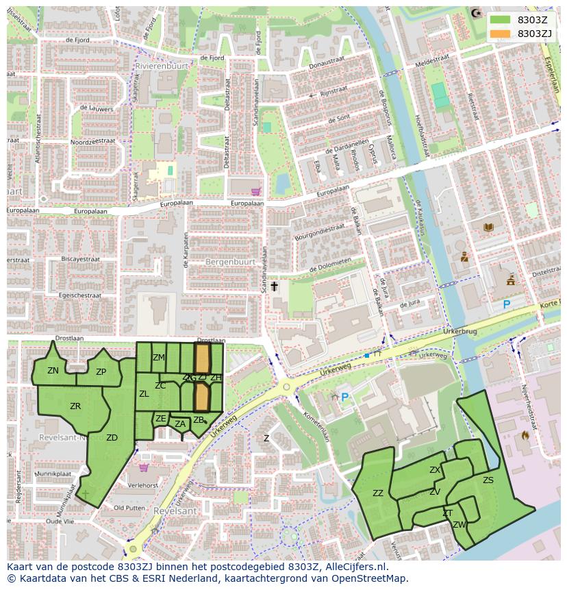 Afbeelding van het postcodegebied 8303 ZJ op de kaart.