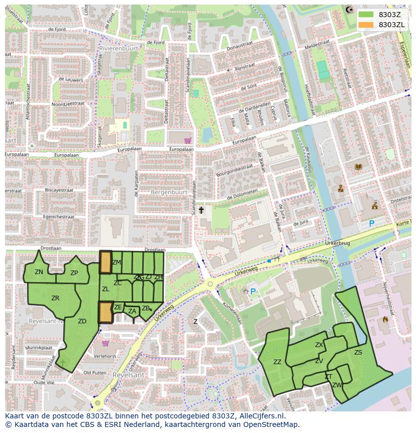 Afbeelding van het postcodegebied 8303 ZL op de kaart.