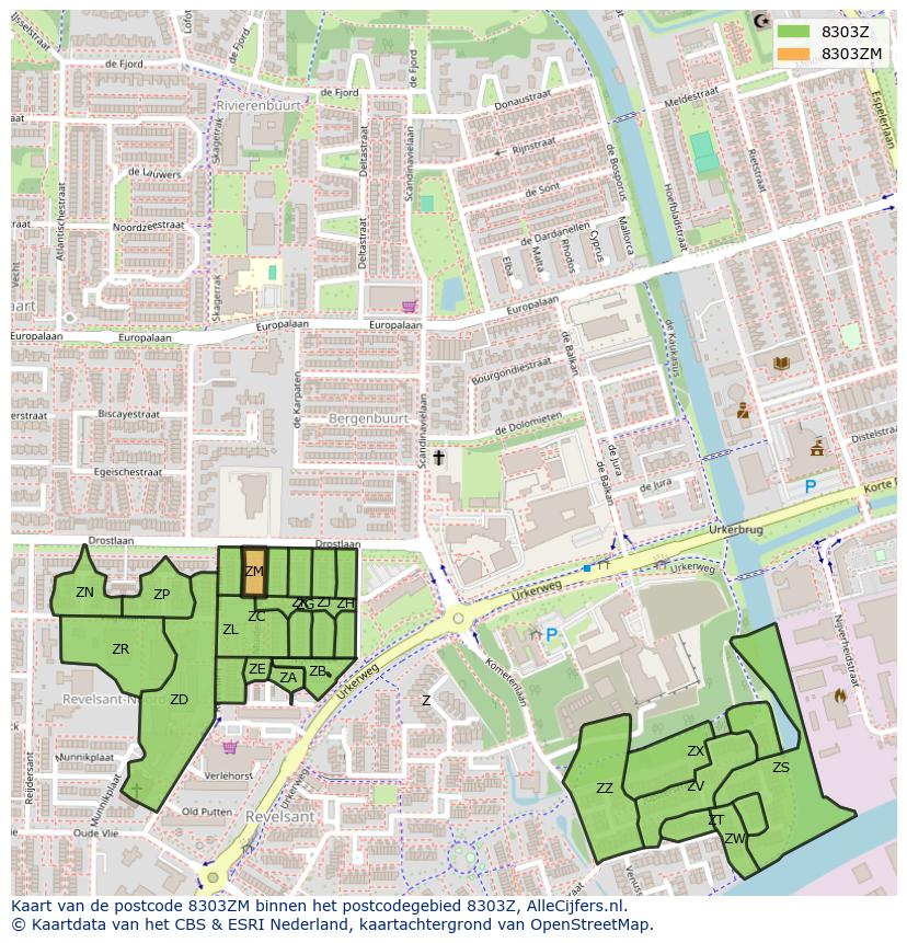Afbeelding van het postcodegebied 8303 ZM op de kaart.