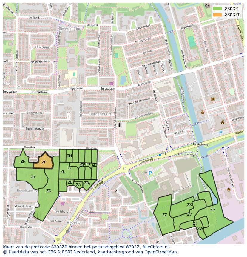 Afbeelding van het postcodegebied 8303 ZP op de kaart.