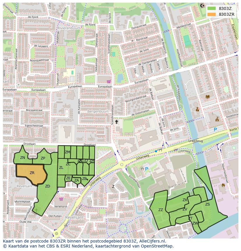 Afbeelding van het postcodegebied 8303 ZR op de kaart.