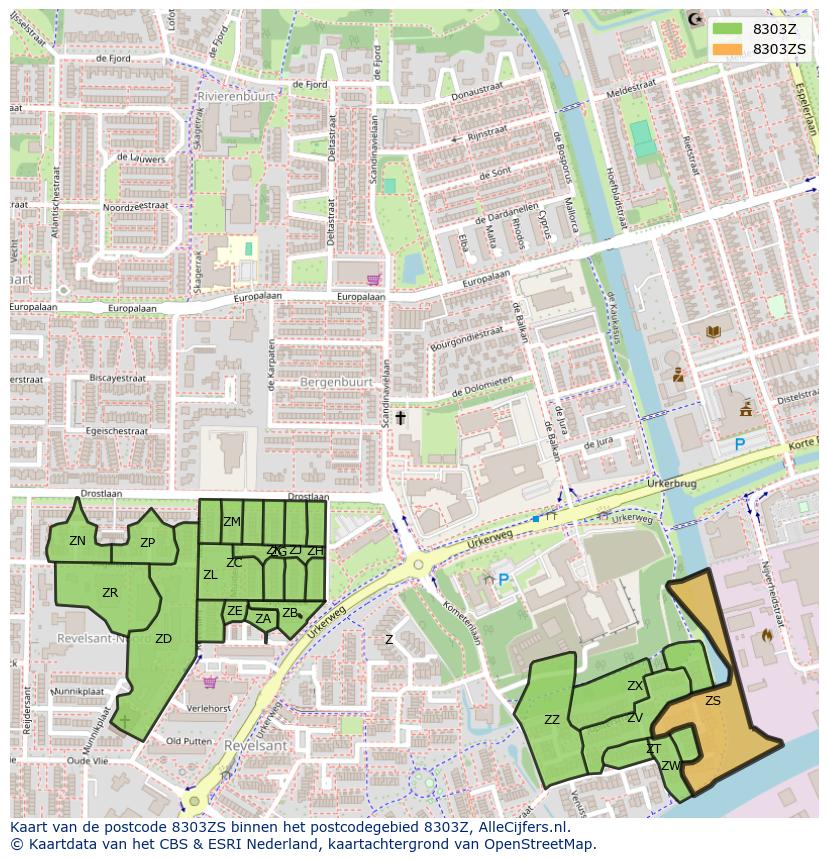 Afbeelding van het postcodegebied 8303 ZS op de kaart.