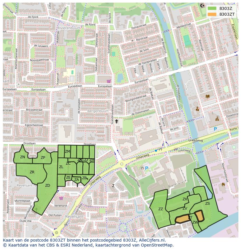 Afbeelding van het postcodegebied 8303 ZT op de kaart.