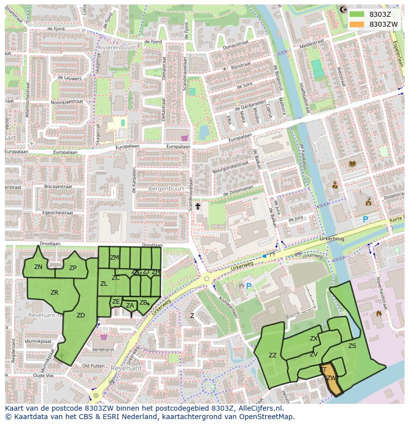 Afbeelding van het postcodegebied 8303 ZW op de kaart.
