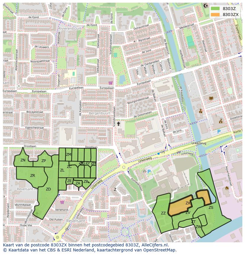 Afbeelding van het postcodegebied 8303 ZX op de kaart.