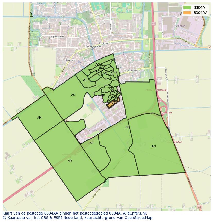 Afbeelding van het postcodegebied 8304 AA op de kaart.