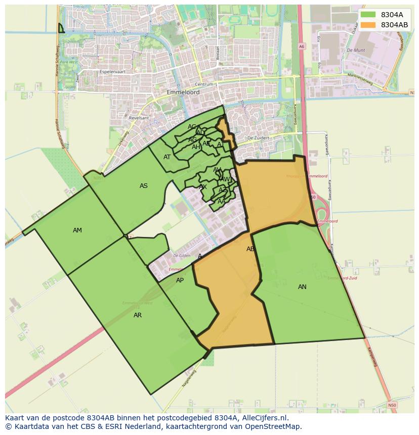 Afbeelding van het postcodegebied 8304 AB op de kaart.