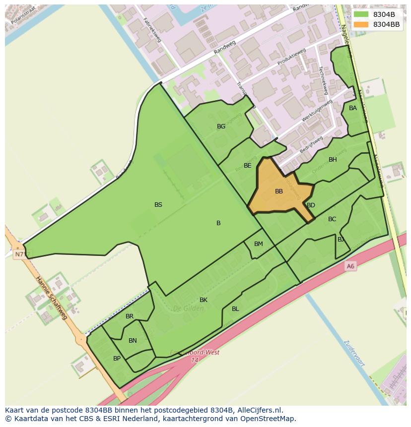 Afbeelding van het postcodegebied 8304 BB op de kaart.