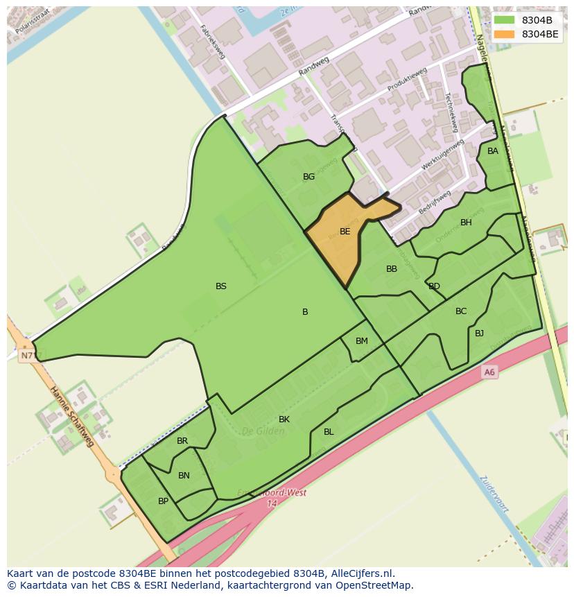 Afbeelding van het postcodegebied 8304 BE op de kaart.