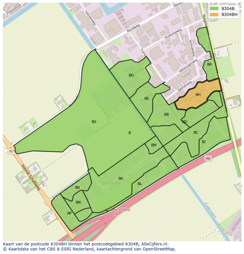 Afbeelding van het postcodegebied 8304 BH op de kaart.
