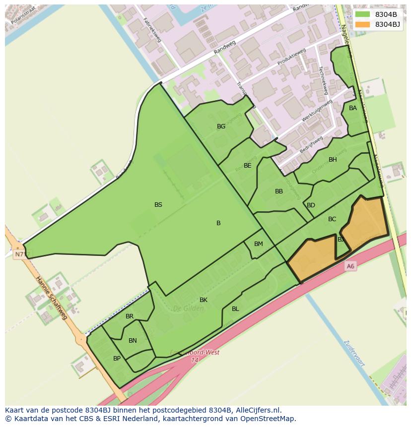 Afbeelding van het postcodegebied 8304 BJ op de kaart.