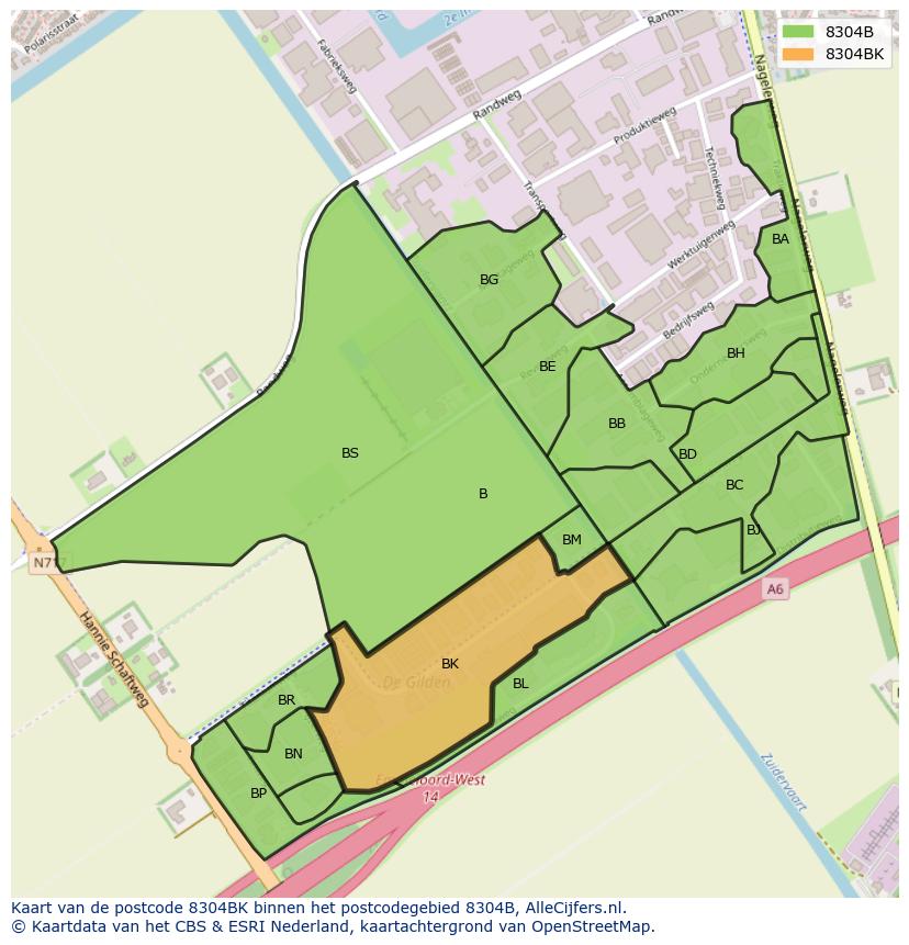 Afbeelding van het postcodegebied 8304 BK op de kaart.