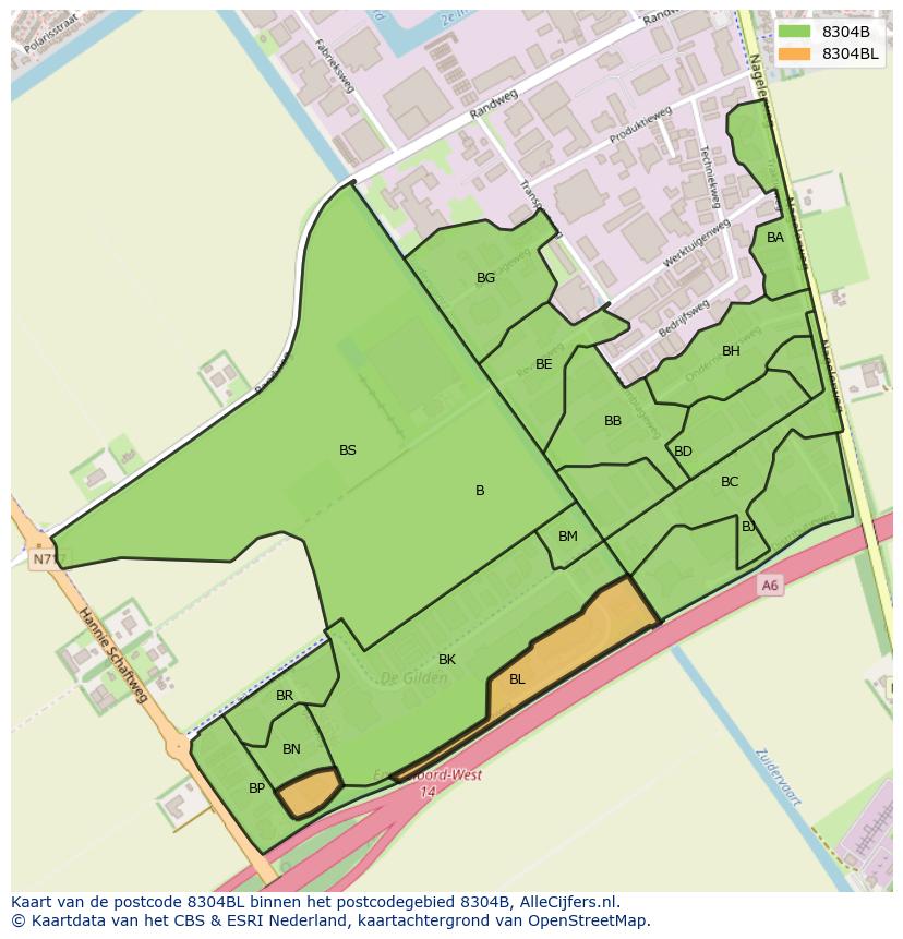 Afbeelding van het postcodegebied 8304 BL op de kaart.
