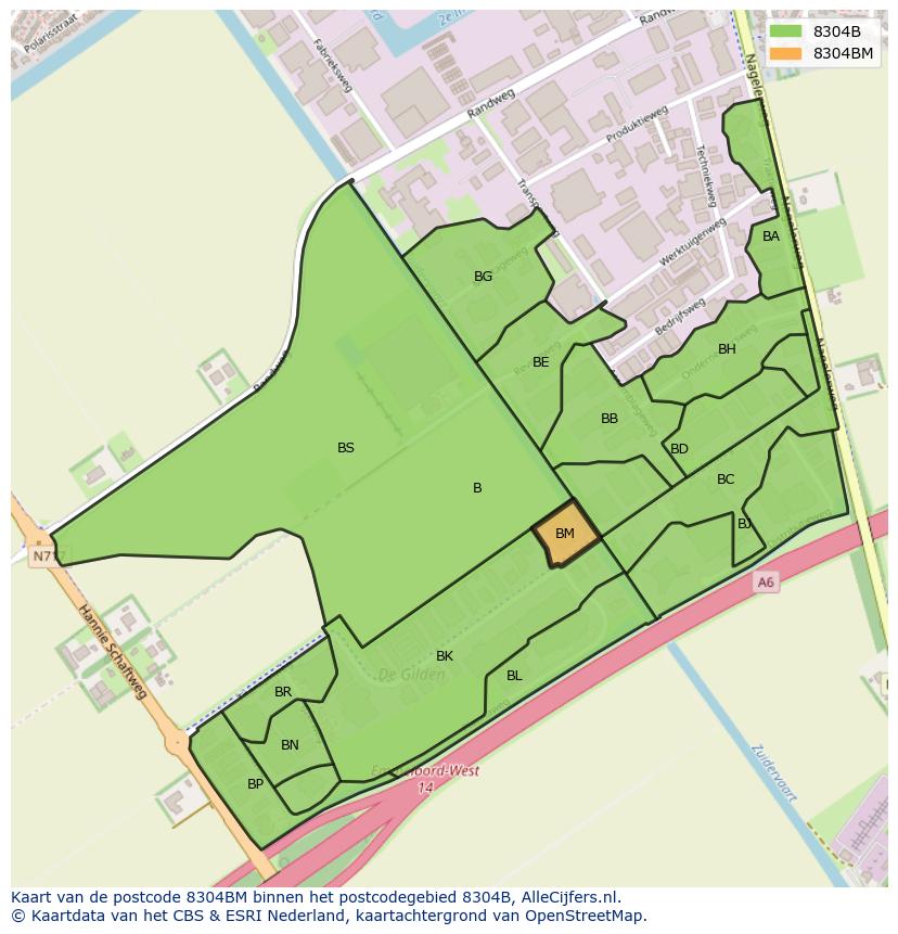 Afbeelding van het postcodegebied 8304 BM op de kaart.