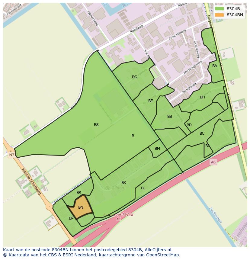 Afbeelding van het postcodegebied 8304 BN op de kaart.