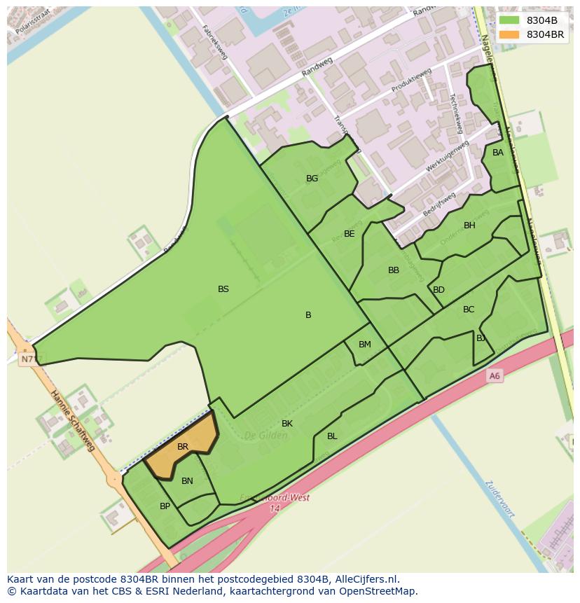 Afbeelding van het postcodegebied 8304 BR op de kaart.