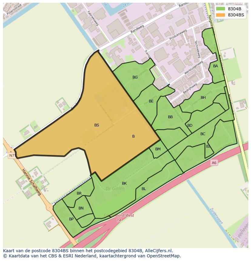 Afbeelding van het postcodegebied 8304 BS op de kaart.