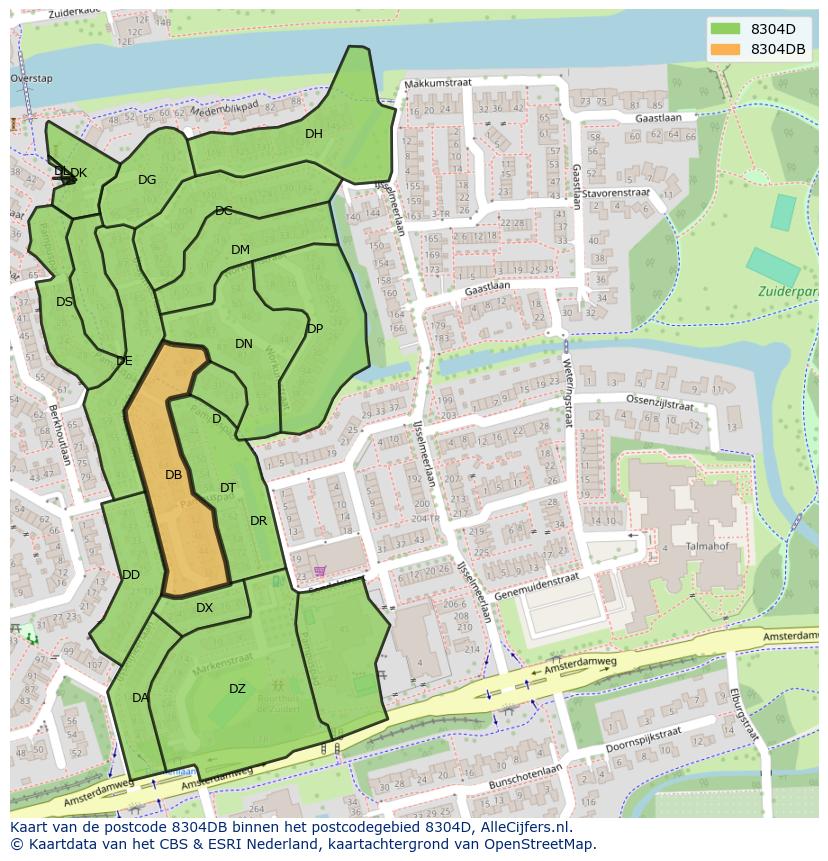 Afbeelding van het postcodegebied 8304 DB op de kaart.