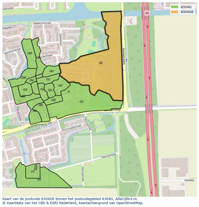 Afbeelding van het postcodegebied 8304 GE op de kaart.