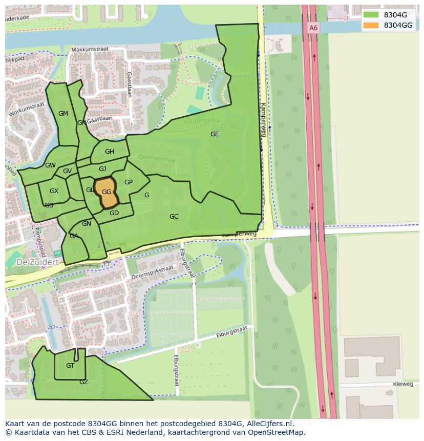 Afbeelding van het postcodegebied 8304 GG op de kaart.
