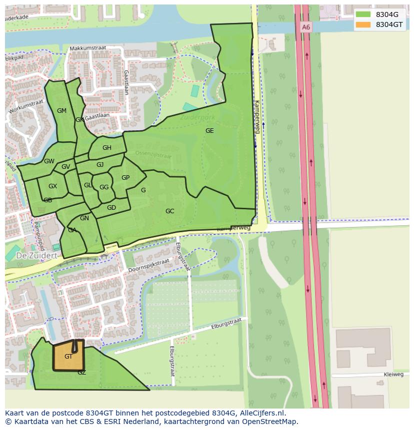 Afbeelding van het postcodegebied 8304 GT op de kaart.