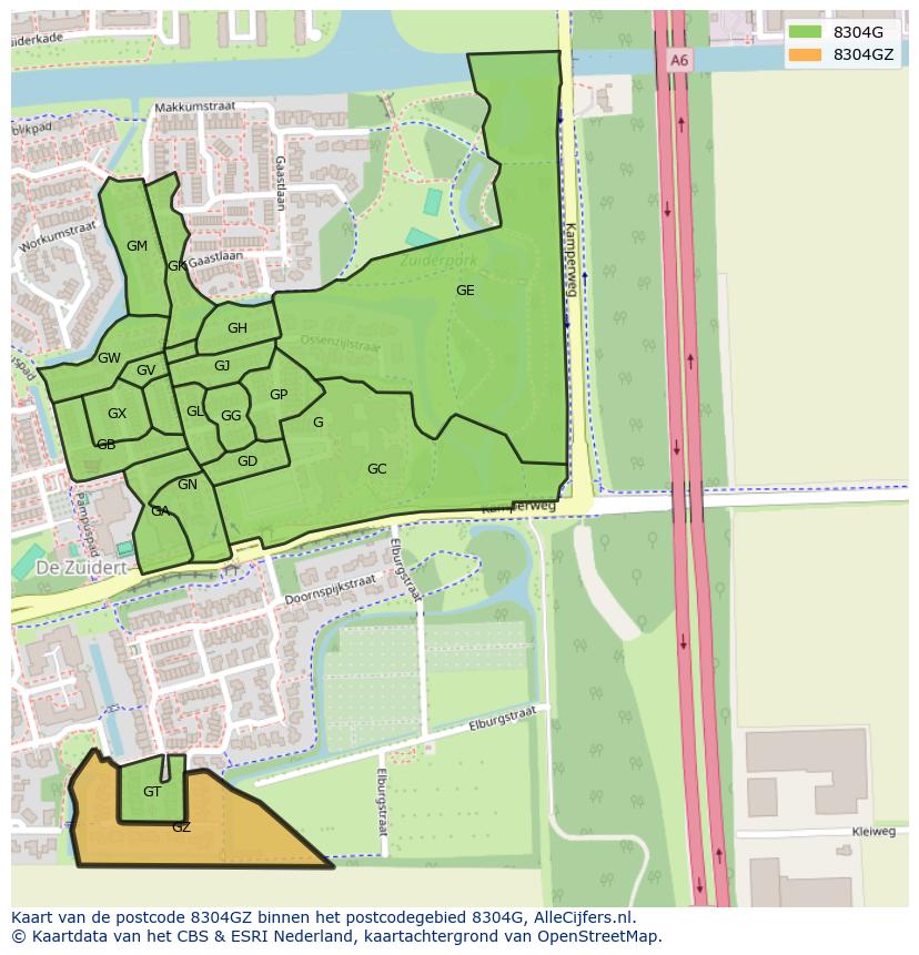 Afbeelding van het postcodegebied 8304 GZ op de kaart.